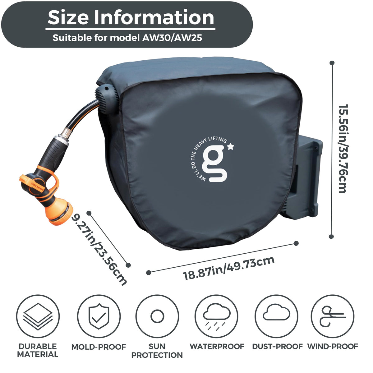 Giraffe Tools AW30 cover back view illustrating weather protection for the reel