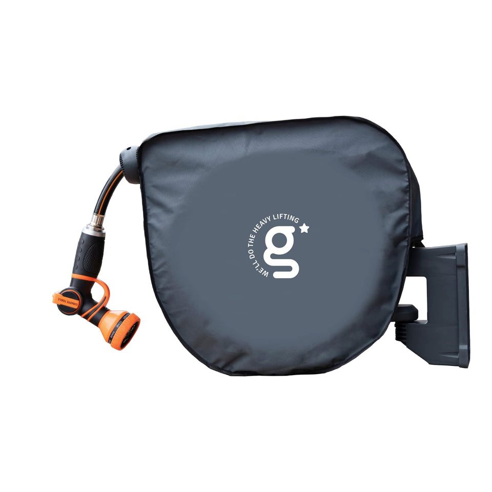 Giraffe Tools AW30 cover front view showing UV-protected, waterproof protection for the hose reel