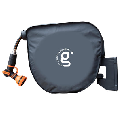 Giraffe Tools AW40 hose reel cover closeup protecting the reel from rain and sun.