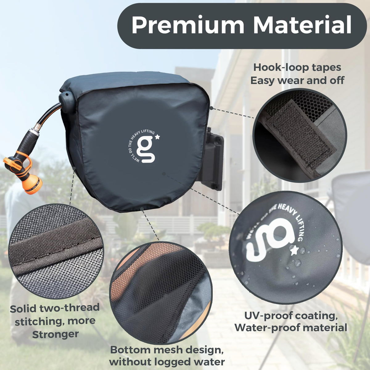 Durable 600D Oxford fabric protects AW40 hose reel cover from dirt and weather.