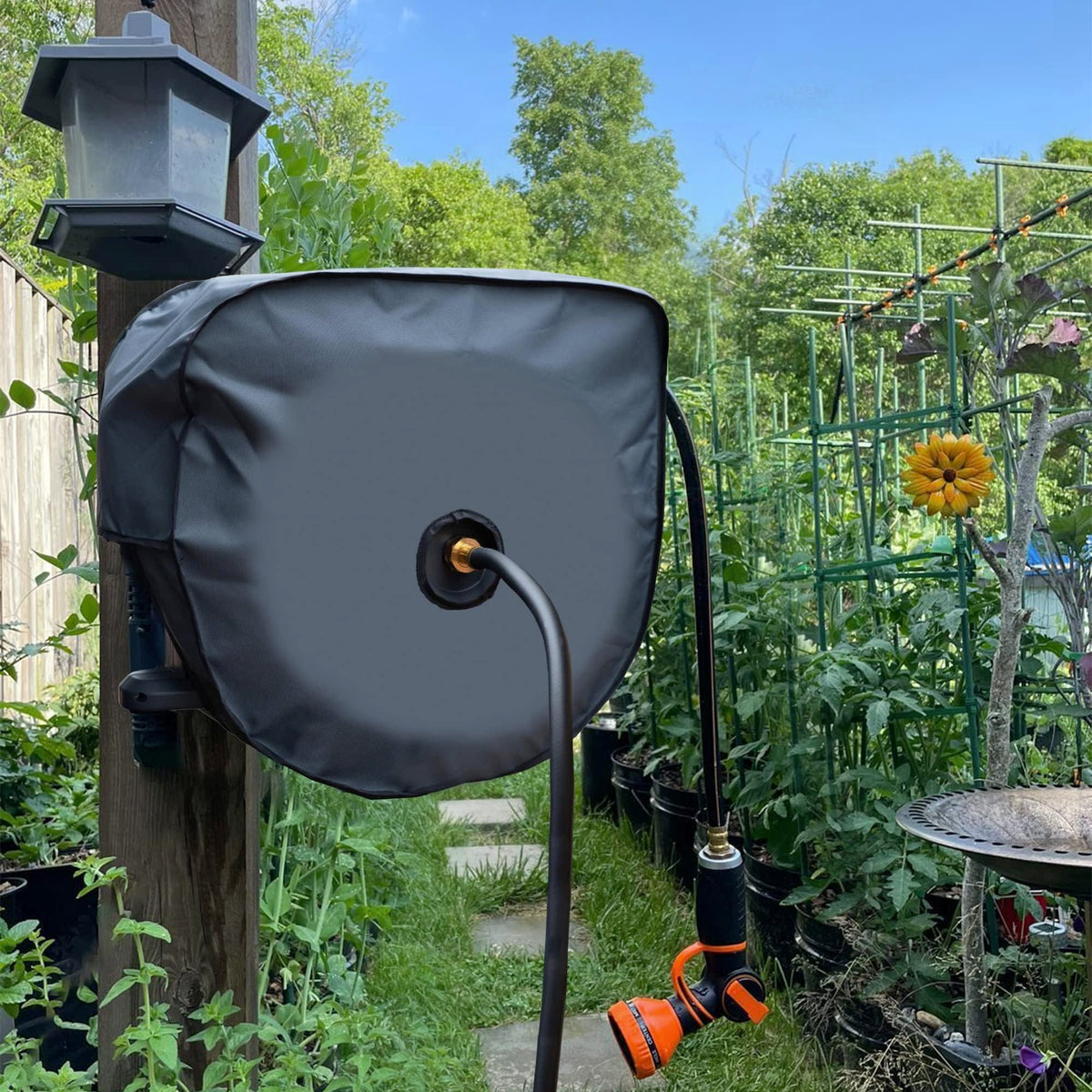AW40 cover on outdoor hose reel demonstrating UV resistant and fade resistant fabric.