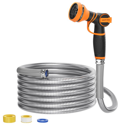 Giraffe Tools garden hose 50ft coiled for easy storage and quick setup.