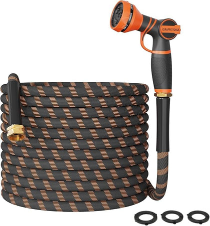 Giraffe Tools garden hose 75ft coiled for easy storage and flexible watering around the yard.