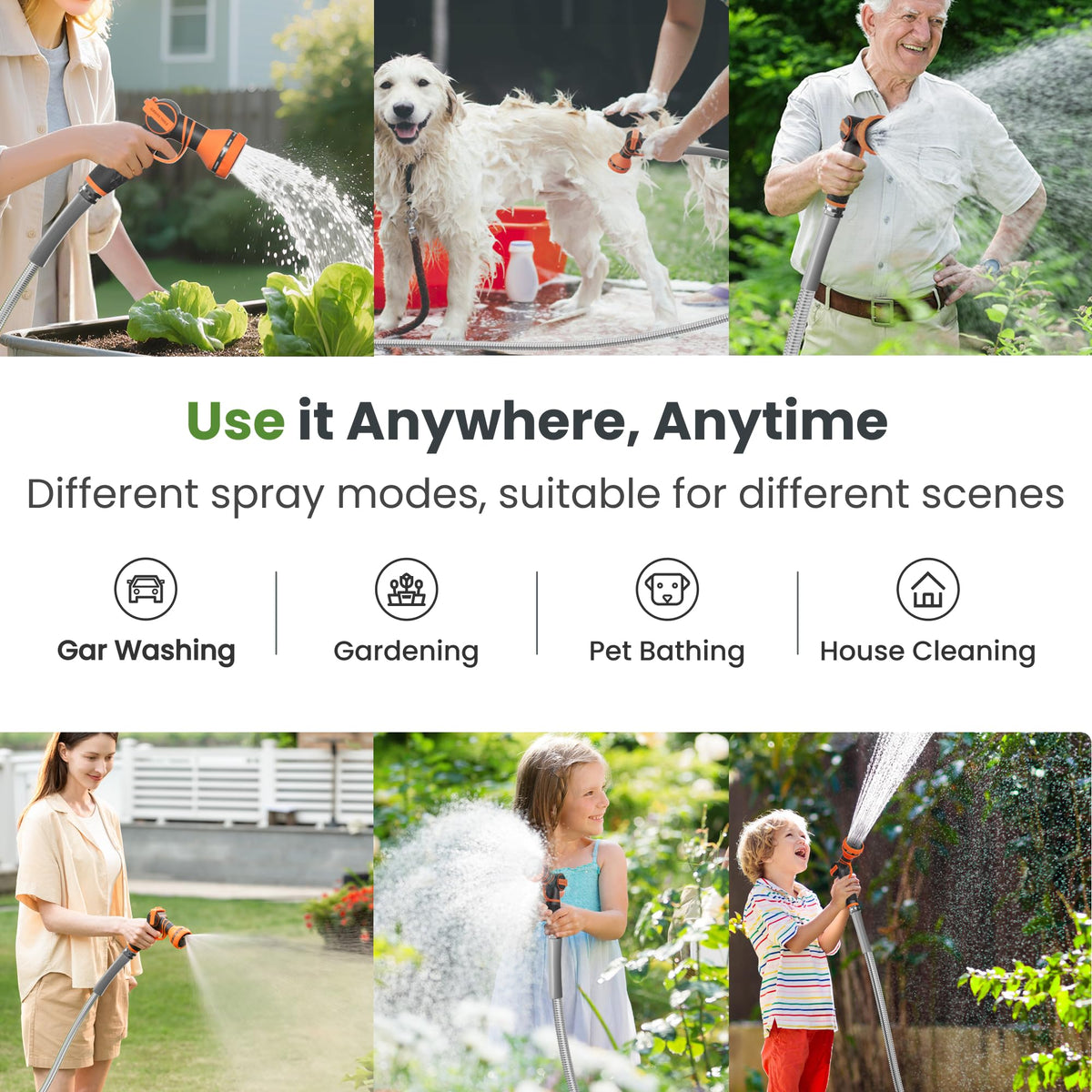 Giraffe Tools garden hose uses across yard, patio, and car wash tasks.