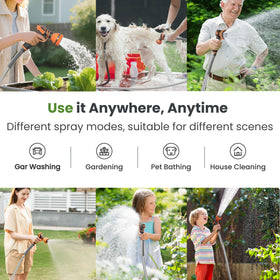 Giraffe Tools garden hose uses across yard, patio, and car wash tasks.