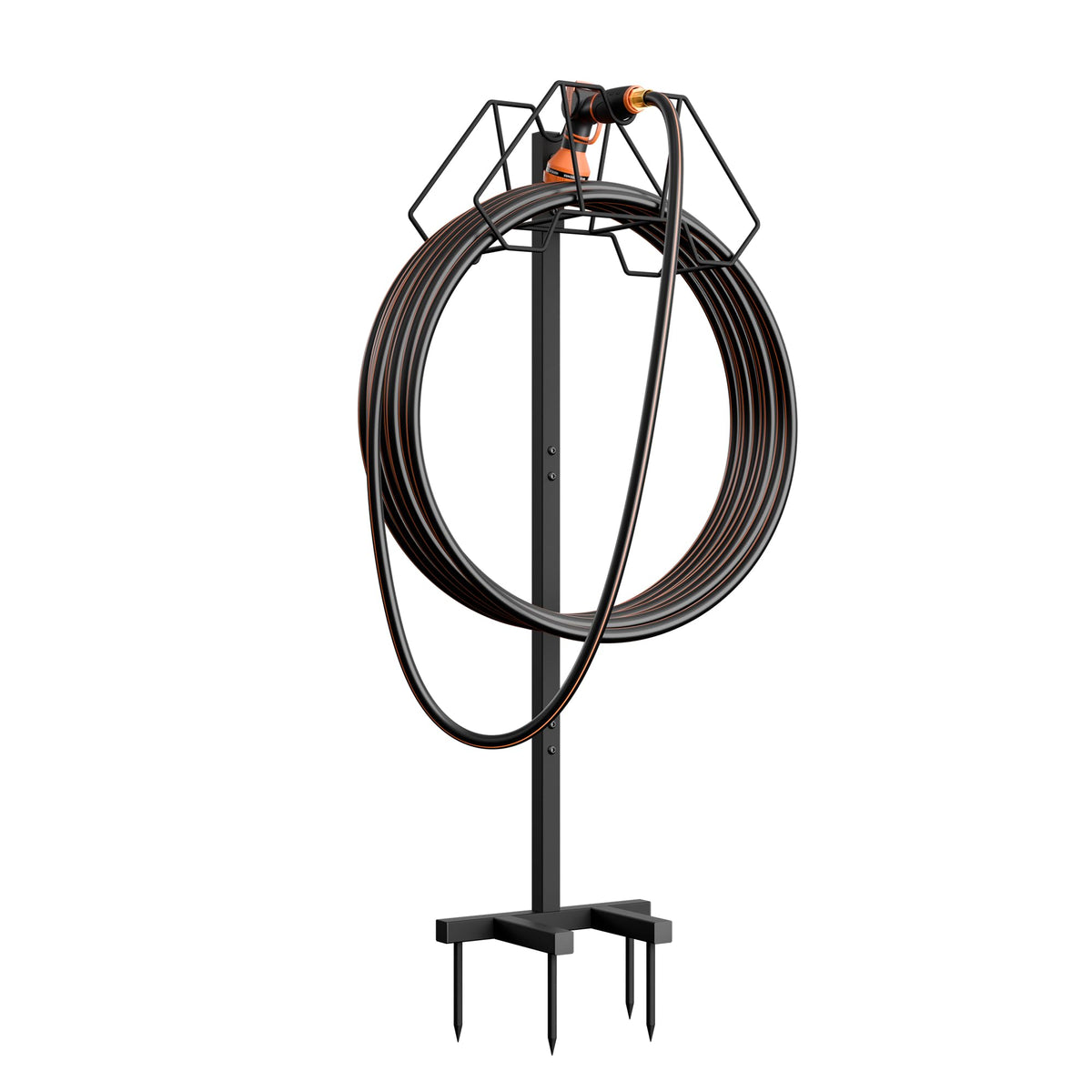 Giraffe Tools garden hose holder stand in side view stabilizing hoses outdoors.