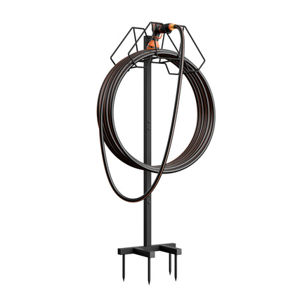 Giraffe Tools garden hose holder stand in side view stabilizing hoses outdoors.