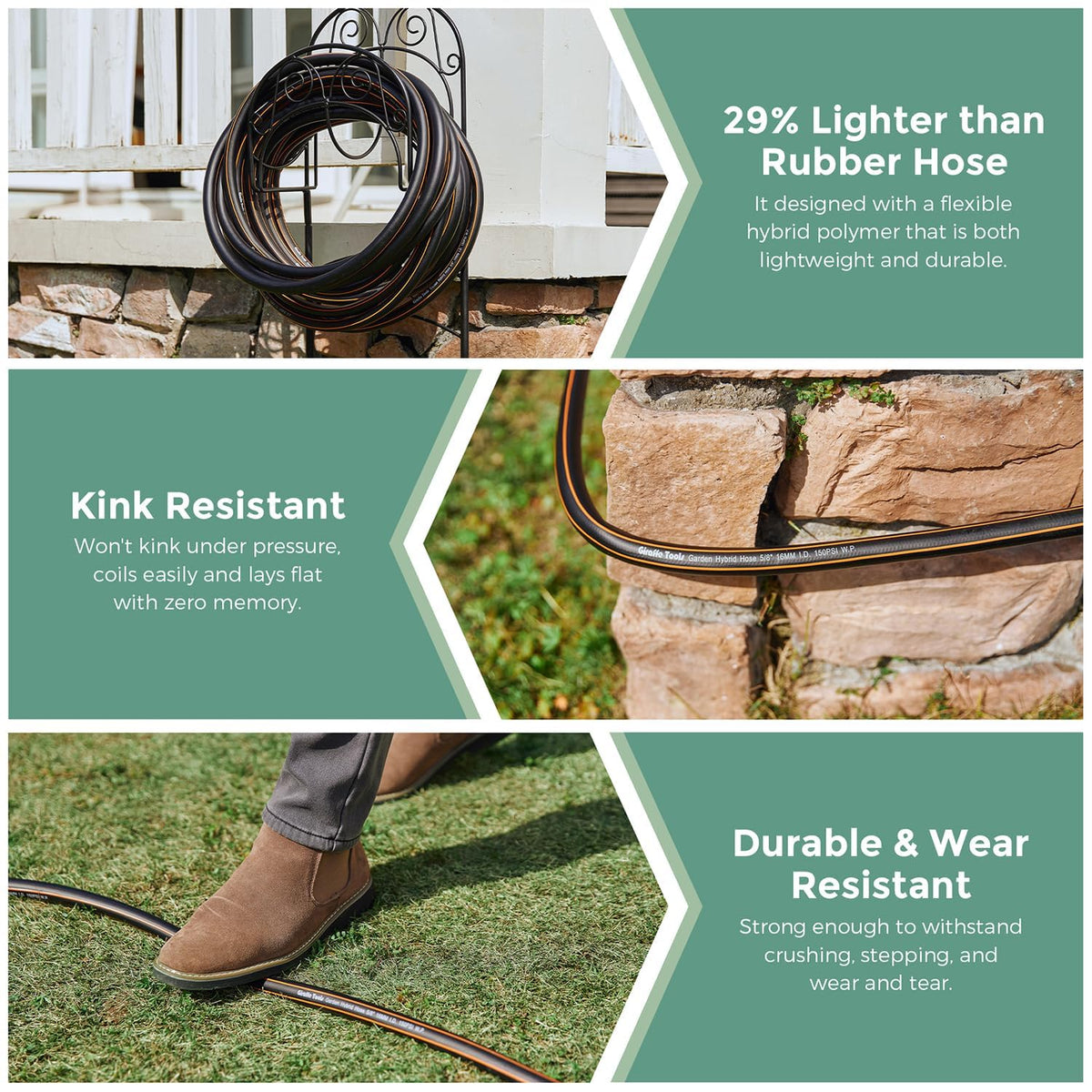 Giraffe Tools lightweight durable hose reduces fatigue during chores.