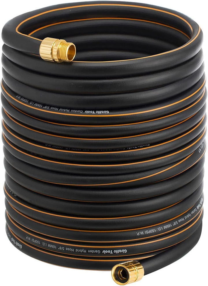 Giraffe Tools garden hose with no kink maintains easy coil and storage.