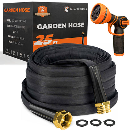 Giraffe Tools 25ft lay-flat hose for easy watering and storage.