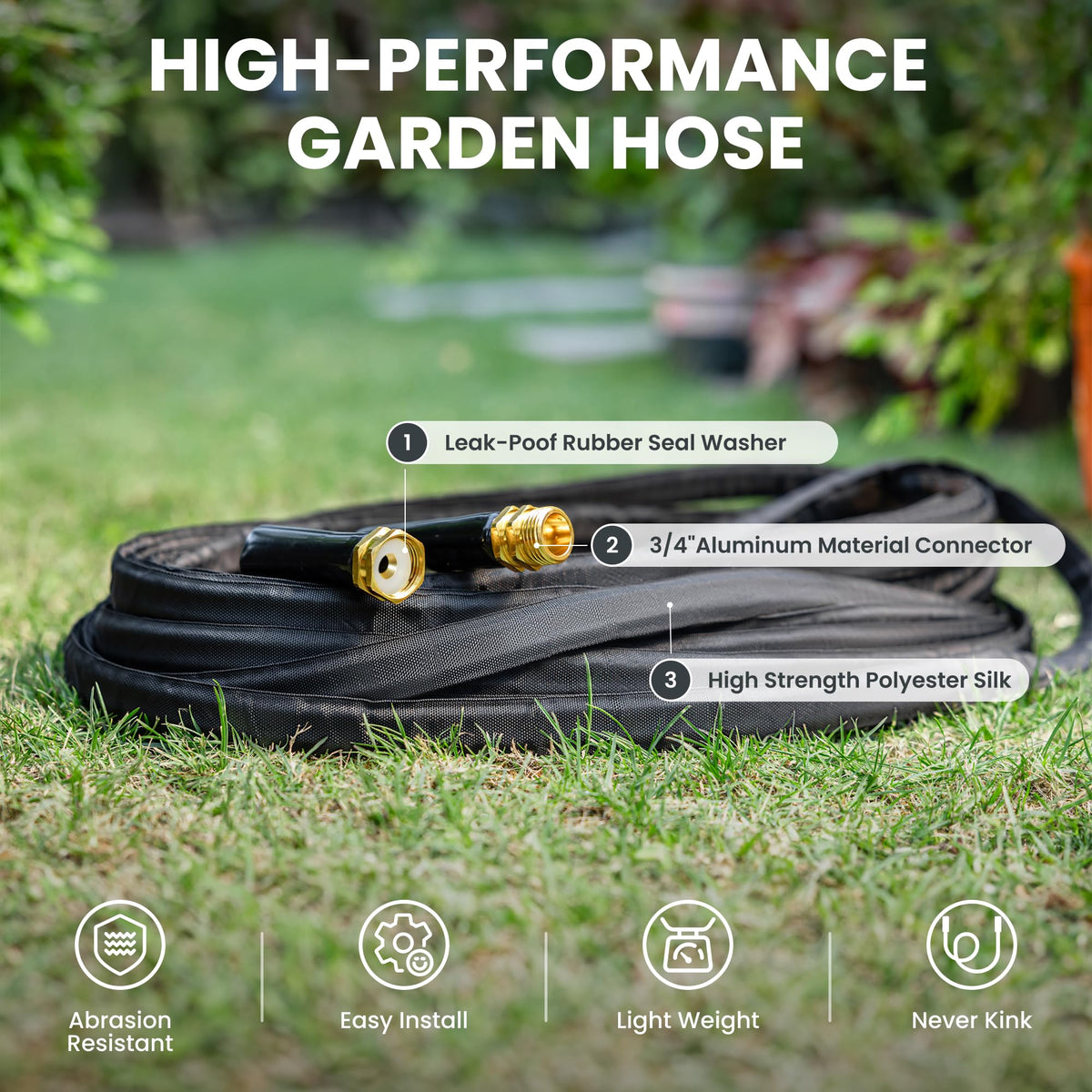 Giraffe Tools kink-free durable hose prevents tangles during watering tasks.