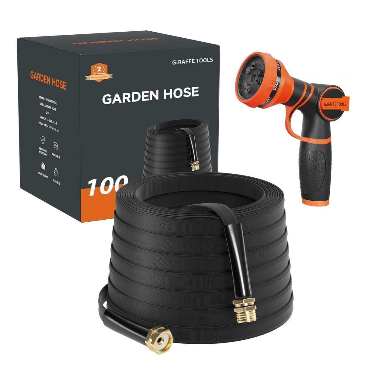 Giraffe Tools lay-flat 100ft hose for easy storage and extended reach.