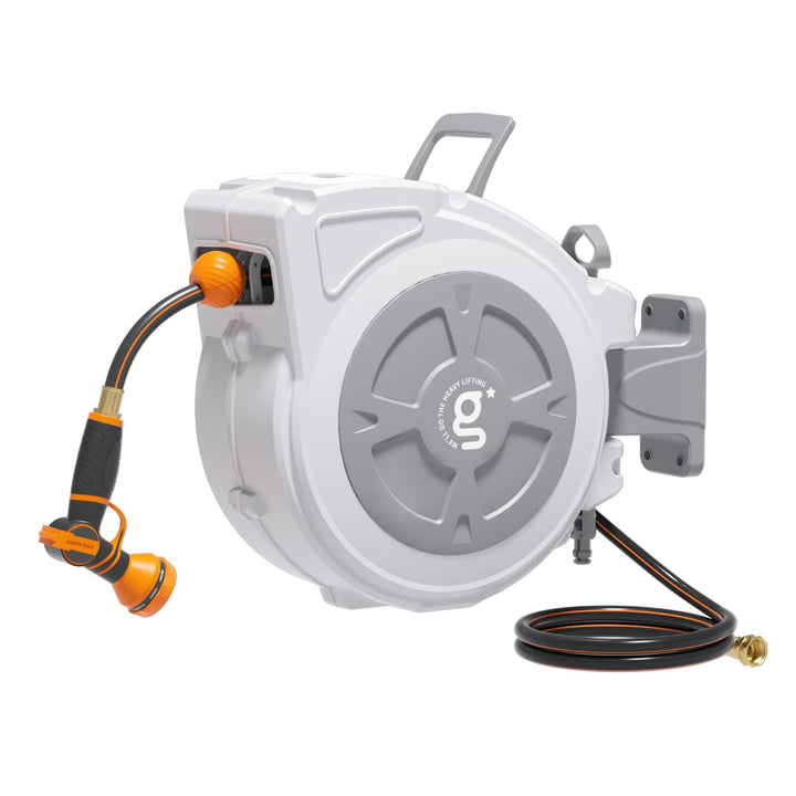 Giraffe Tools retractable hose reel 65ft extended for full garden reach.
