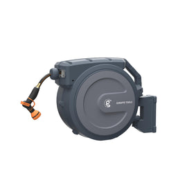 Giraffe Tools retractable hose reel with automatic rewind mounted on wall for a neat patio