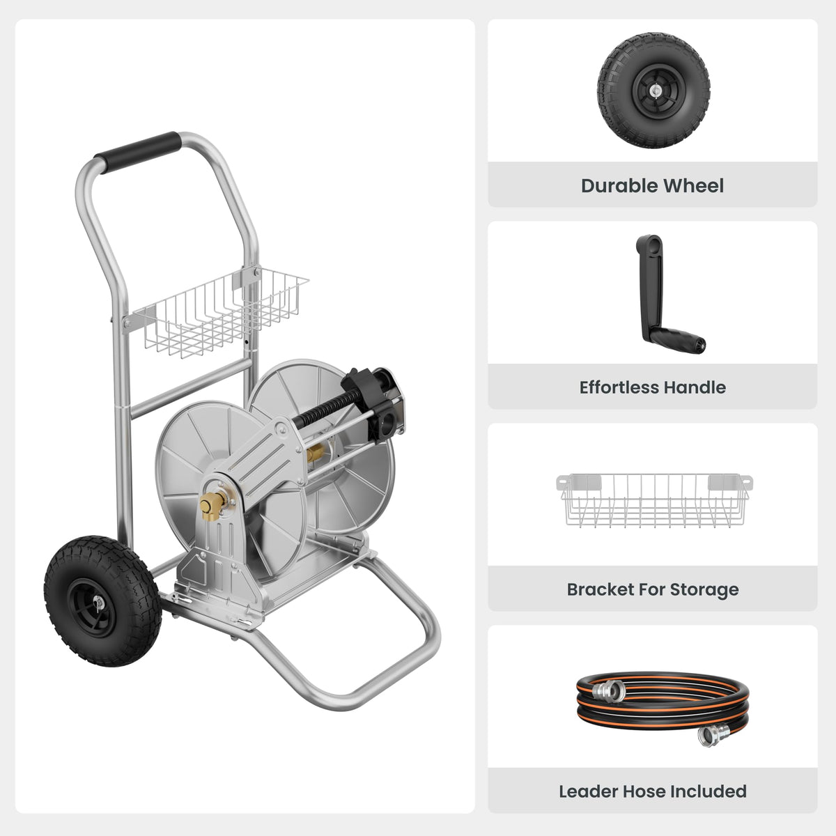 Giraffe Tools stainless steel hose reel cart resists corrosion for long-lasting use.
