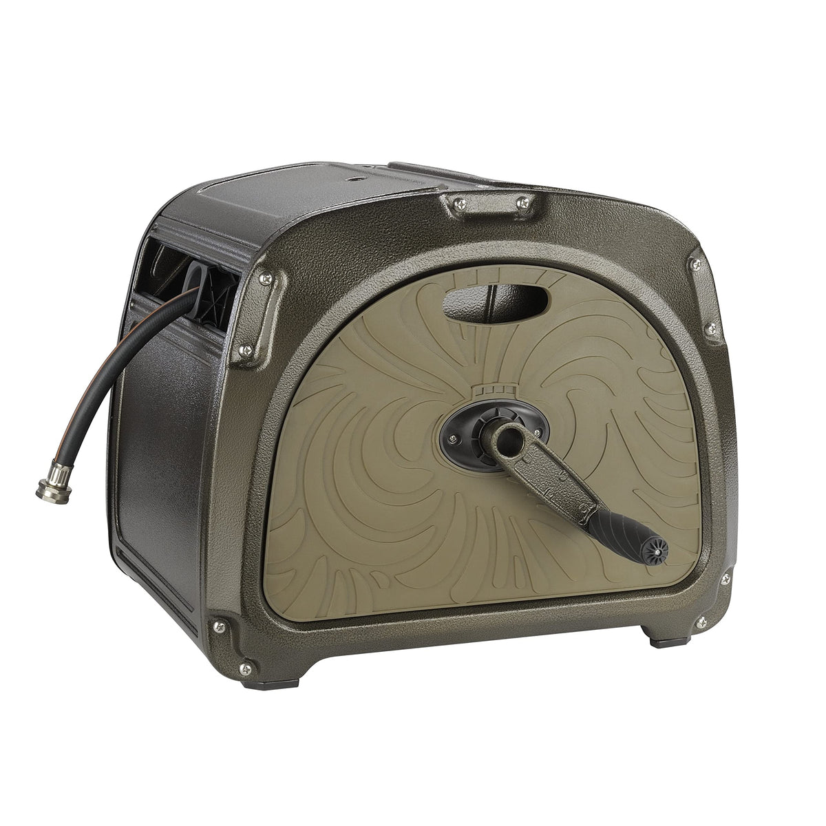 Giraffe Tools SW5 metal hose reel box shows sturdy outdoor storage.