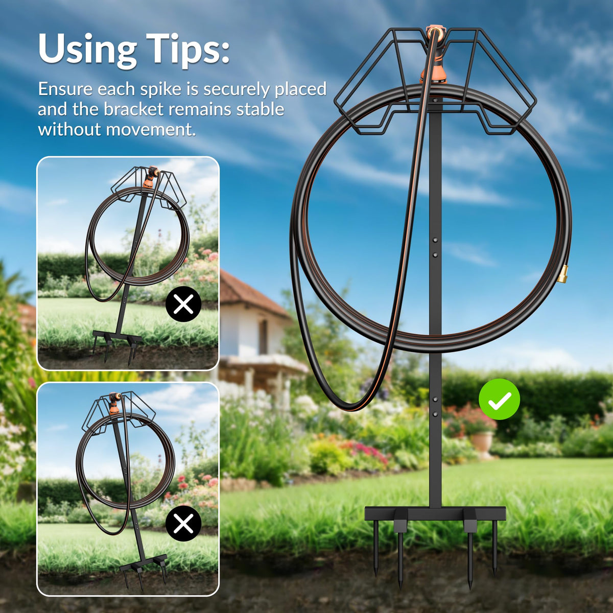 Giraffe Tools hose holder supports common attachments for versatile yard use.