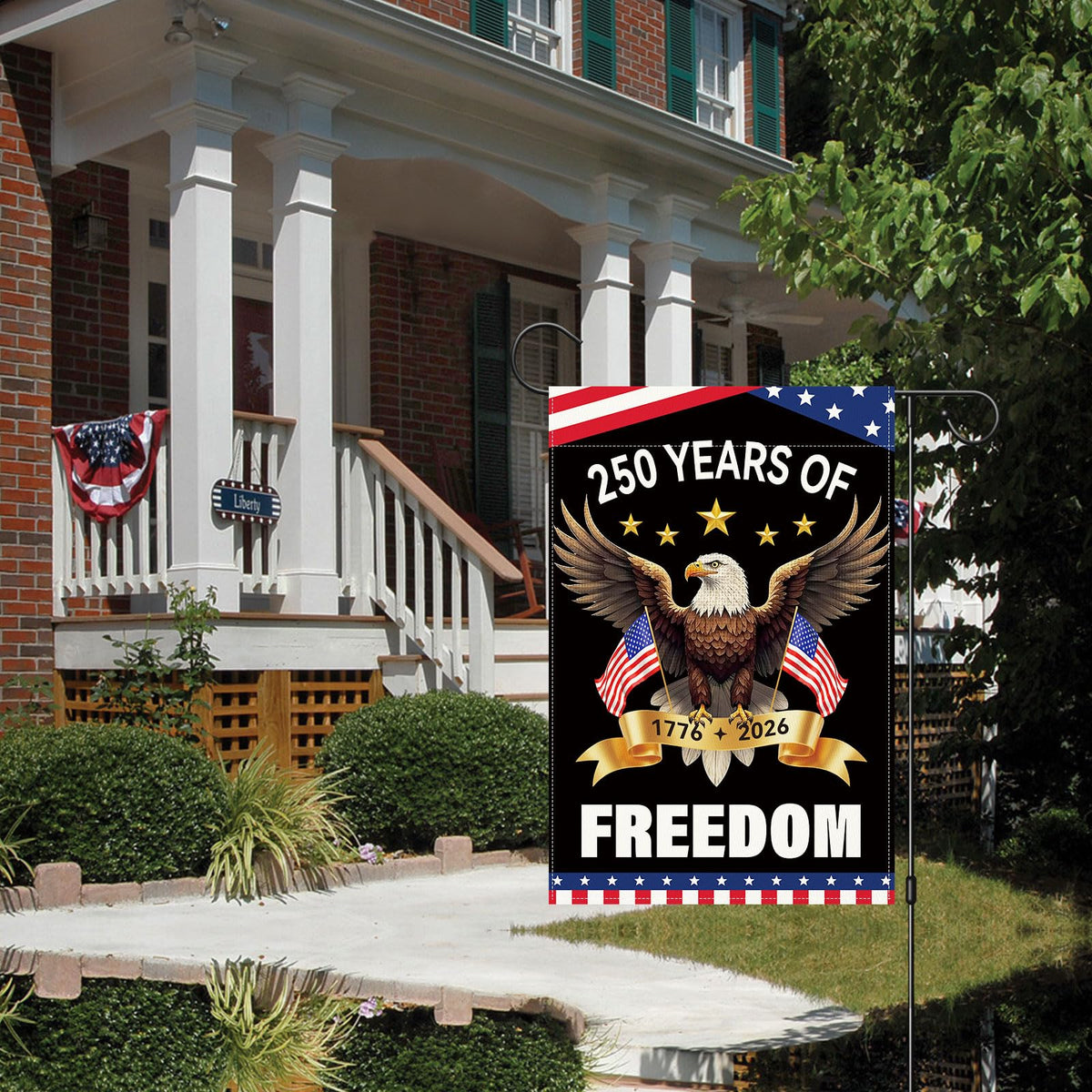 Flag hanging on porch adds farmhouse charm and curb appeal.