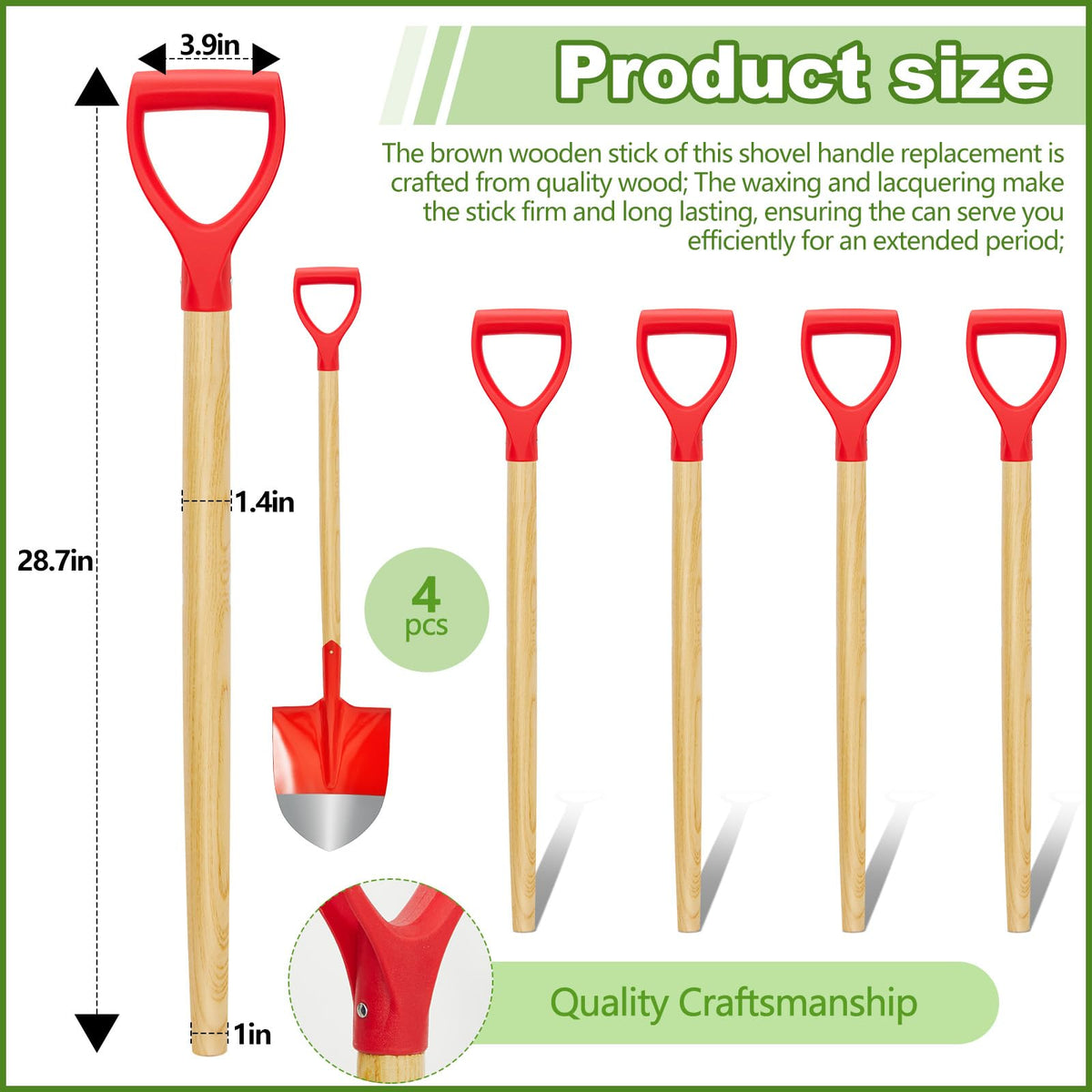 Gisafai 28.7-inch shovel handle with red plastic grip for steady control.