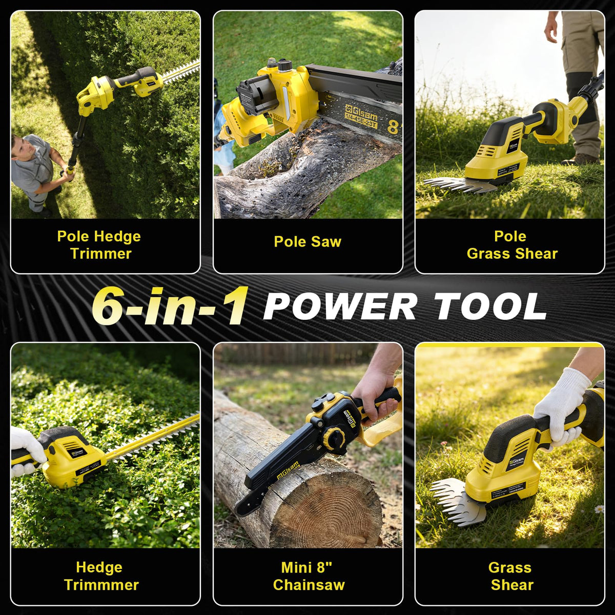 Gisam 6-in-1 dual 4.0Ah batteries for extended runtime during pruning.