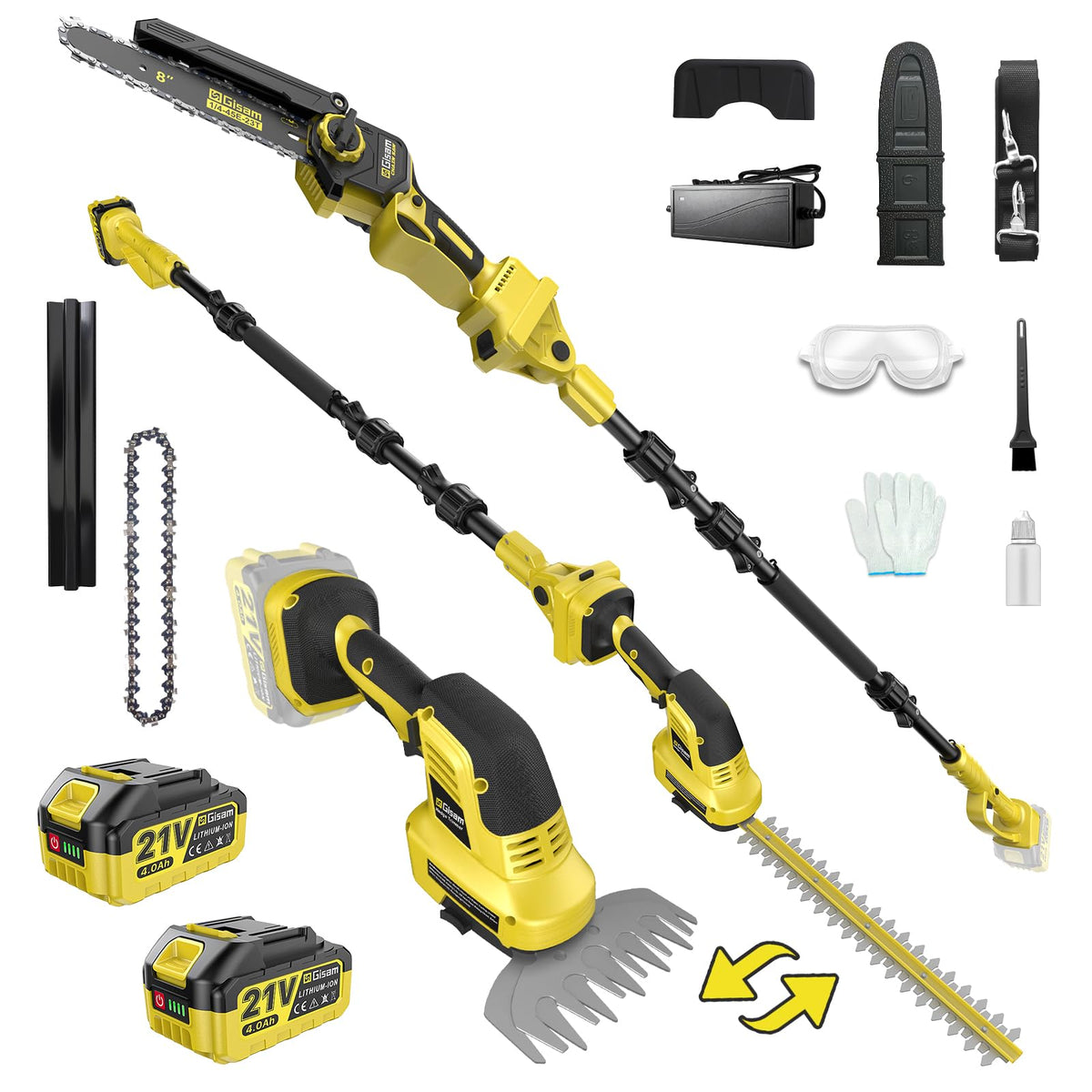 Gisam 6-in-1 cordless pole saw extended reach for ground-based pruning.