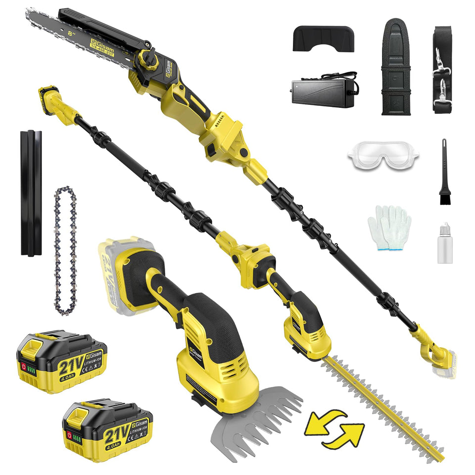 Gisam 6-in-1 cordless pole saw extended reach for ground-based pruning.