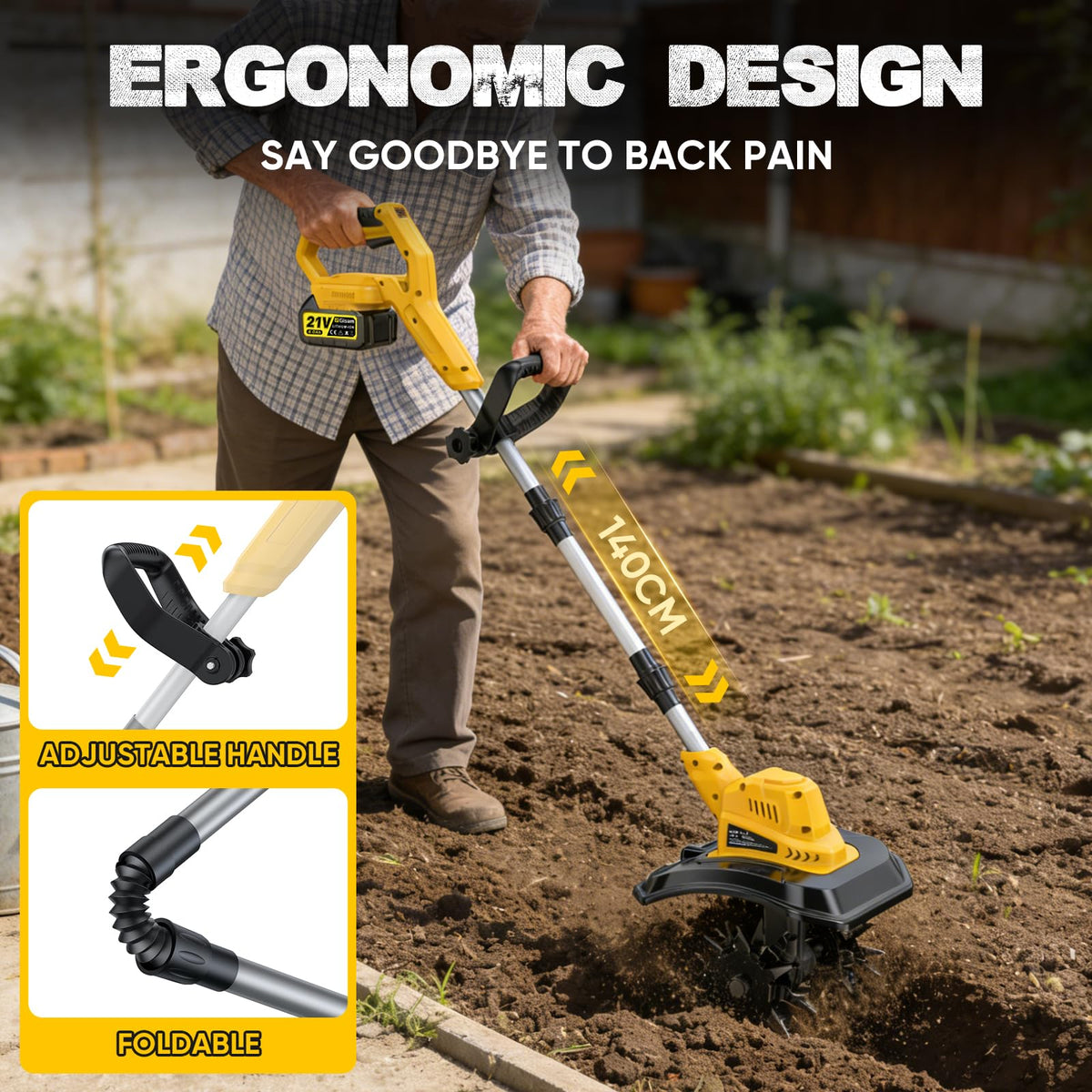Gisam cordless tiller depth-8-3inch reaches deeper soil layers.