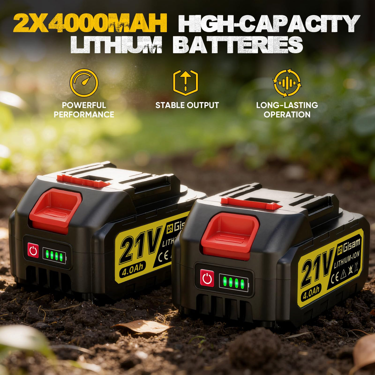 Gisam cordless tiller led-display shows battery status at a glance.