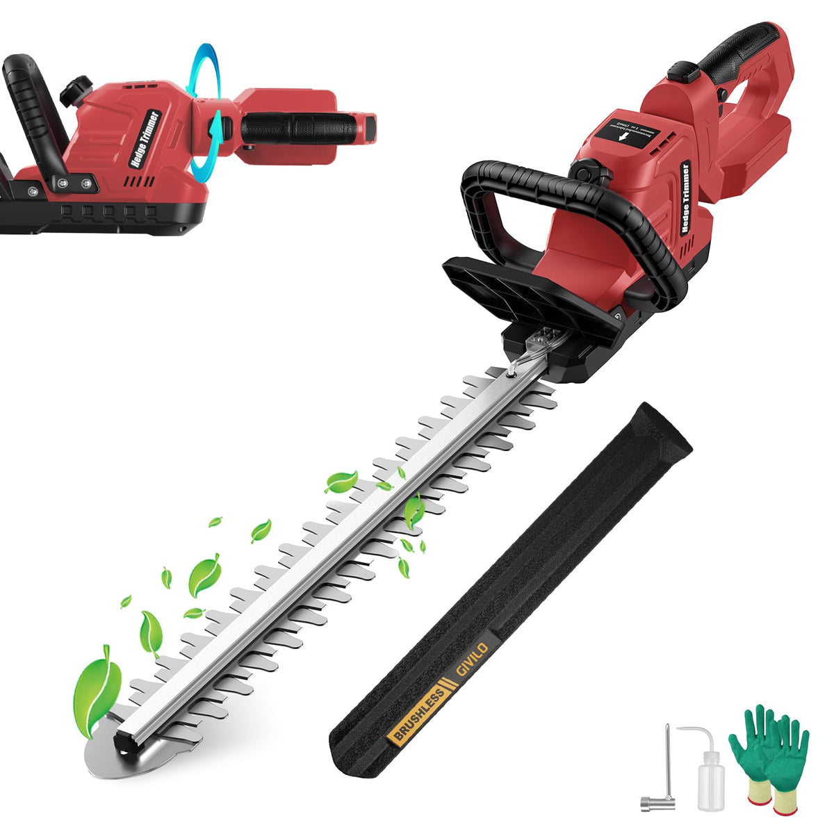 Givilo hedge trimmer with Milwaukee M18 compatibility offering flexible power options.