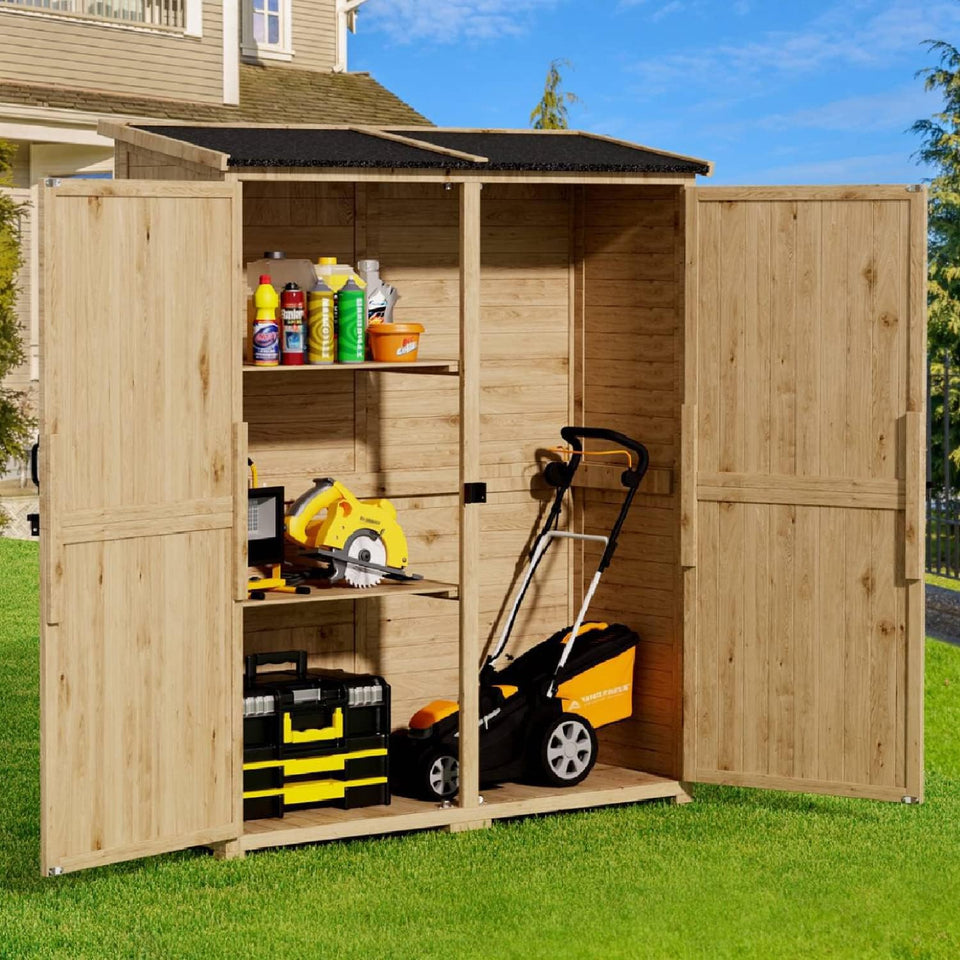 Gizoon outdoor storage cabinet with waterproof roof protecting tools in a garden setting