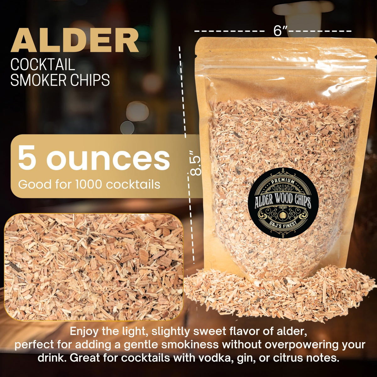 G & J's Finest alder wood chips for cocktail-smoker-setup enable quick lighting and steady smoke