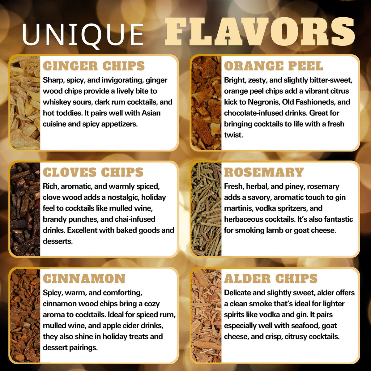 G & J's Finest alder wood chips for grill-smoker setups add depth to smoked cocktails