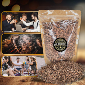 A crafted smoked drink featuring whiskey or bourbon with oak chips.