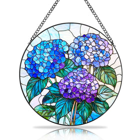 GLACIAURA hydrangea stained glass suncatcher in blue adds vivid window color