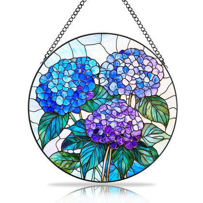 GLACIAURA hydrangea stained glass suncatcher in blue adds vivid window color