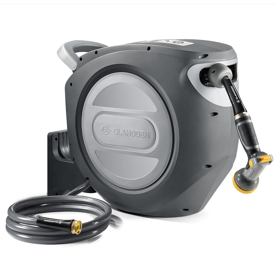 GLAHODEN retractable hose reel 100 ft demonstrates smooth extension and tangle-free use.