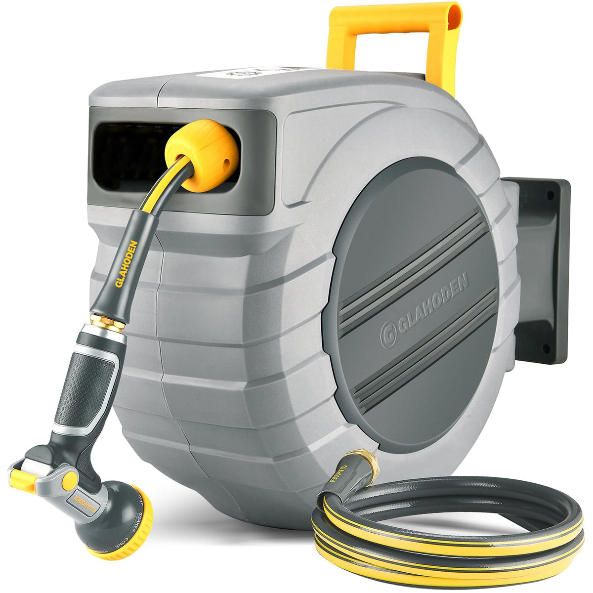 GLAHODEN wall-mounted reel with 180° swivel for flexible reach and neat setup.