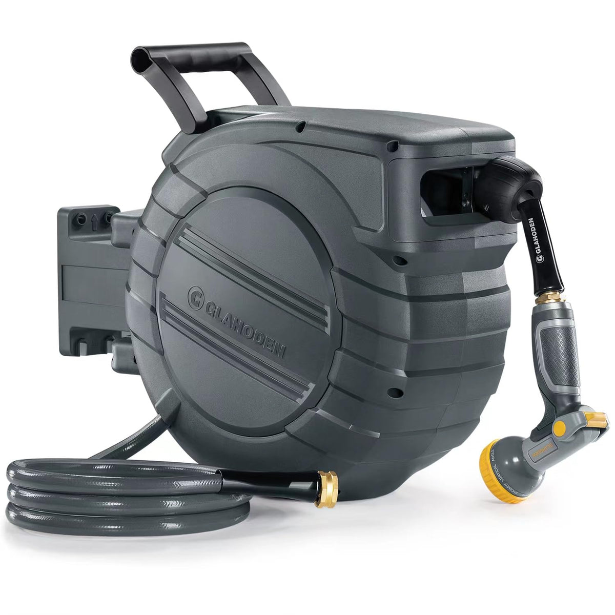 GLAHODEN wall-mount retractable hose reel for organized watering.