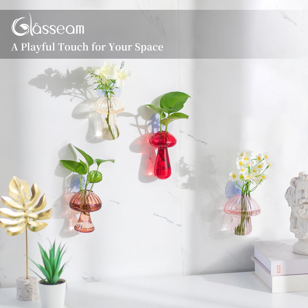 Glasseam colorful mushroom planter display brightens shelves and desks.