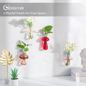 Glasseam colorful mushroom planter display brightens shelves and desks.