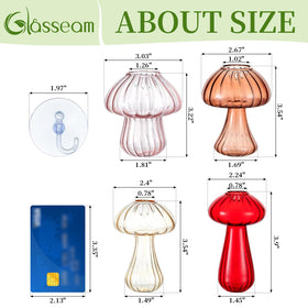 Glasseam glass terrarium closeup showing colorful mushroom shapes.