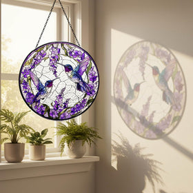 Glasswings hummingbird with lavender flowers suncatcher brightening windows with color