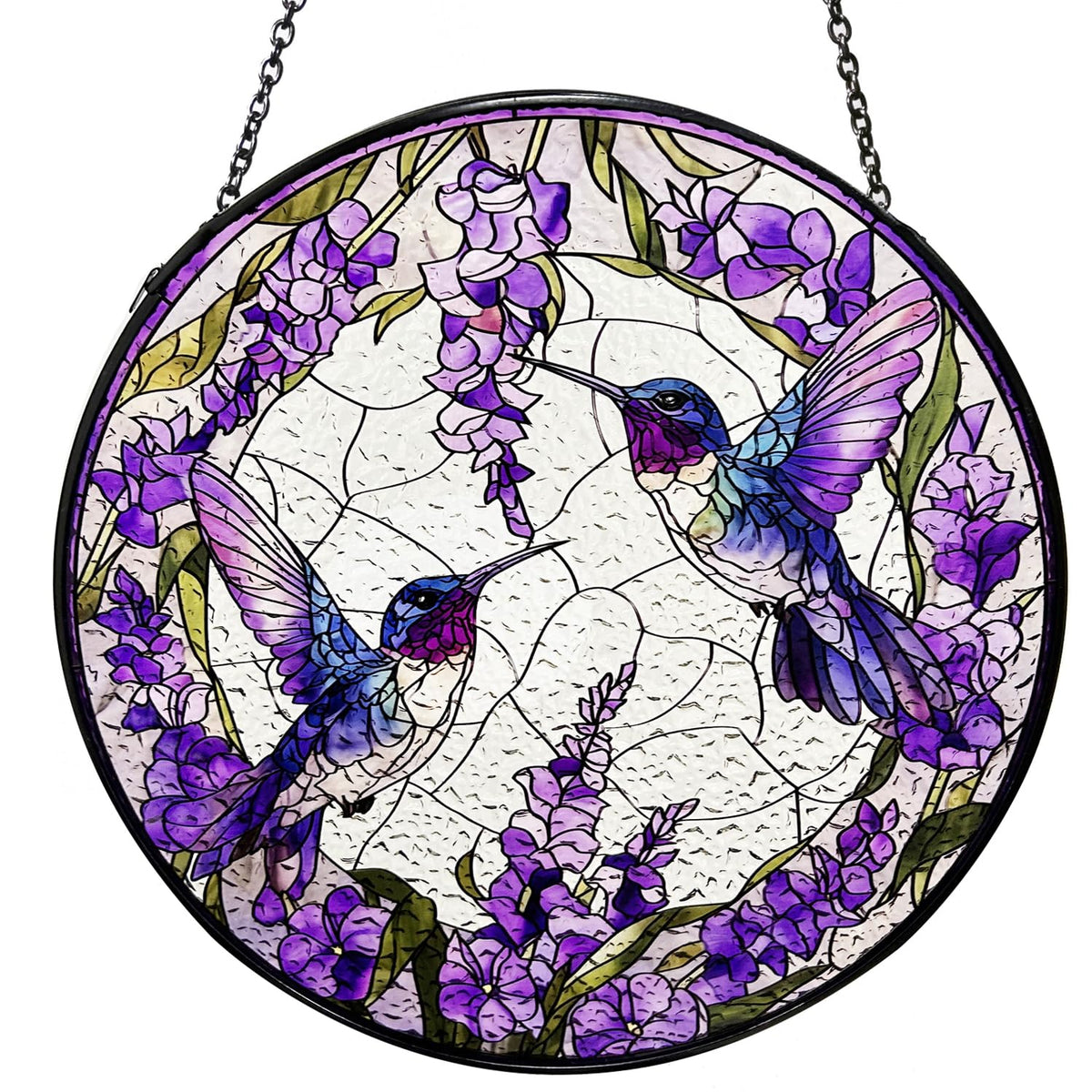 Glasswings hummingbird stained glass suncatcher shimmering in sunlight to elevate home decor