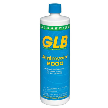 GLB Algimycin 2000 bottle shown for preventing algae in swimming pools.