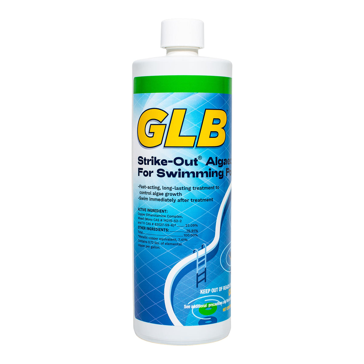 GLB Strike Out algaecide bottle front view protects pools from algae