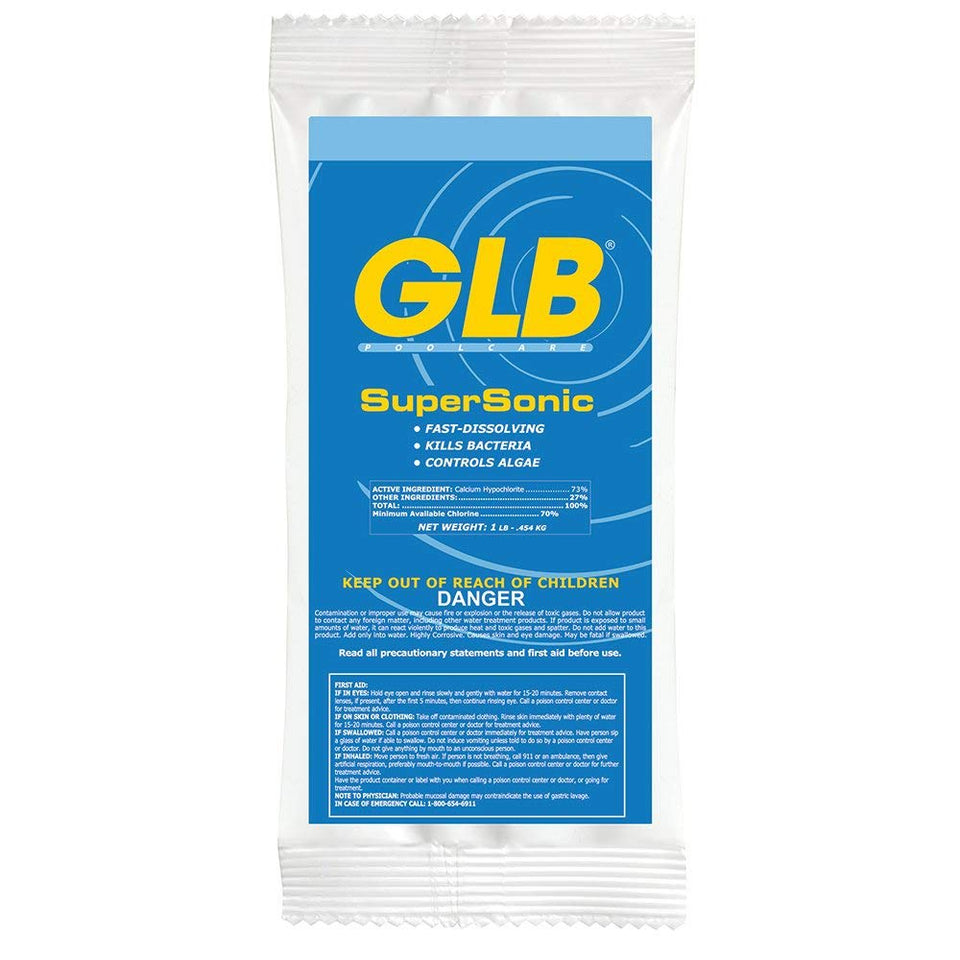 GLB Supersonic 73% Cal-Hypo shock granules in 1 lb package for fast pool sanitizing