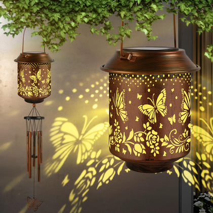 GLDFI solar lantern with butterfly wind chimes illuminating outdoor spaces at dusk