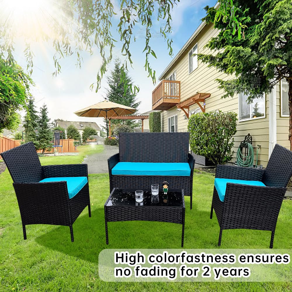 GleamFolly Lake Blue outdoor cushions on wicker furniture.