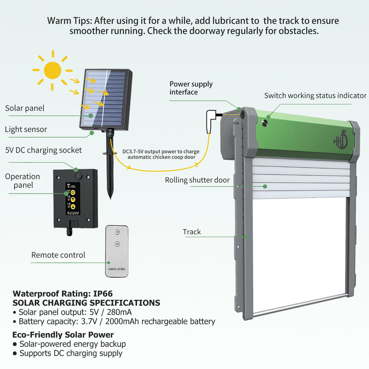 GleeGearNex solar coop door open state shows easy access for poultry and smooth operation.