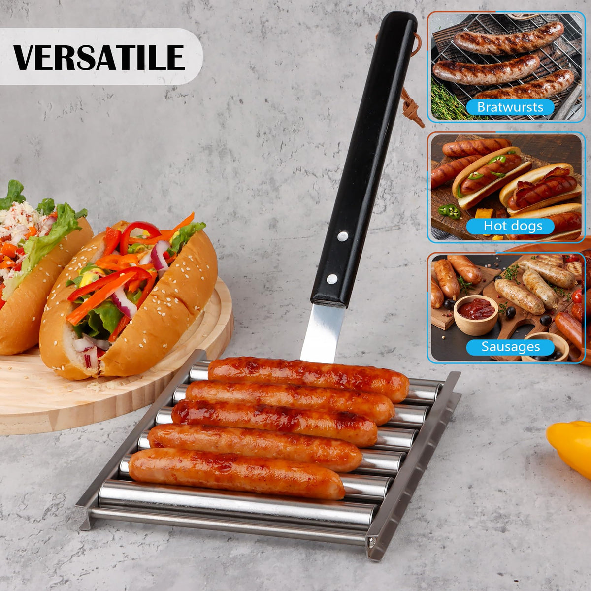 GLENDAVENY hot dog roller ideal for brats and sausages beyond standard dogs.